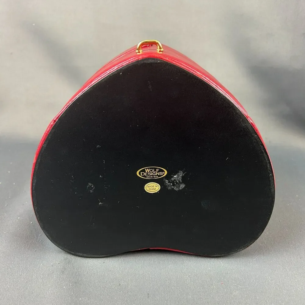 Vintage Wolf Designs Red Leather Heart Shape Jewelry Box Swing Out Design